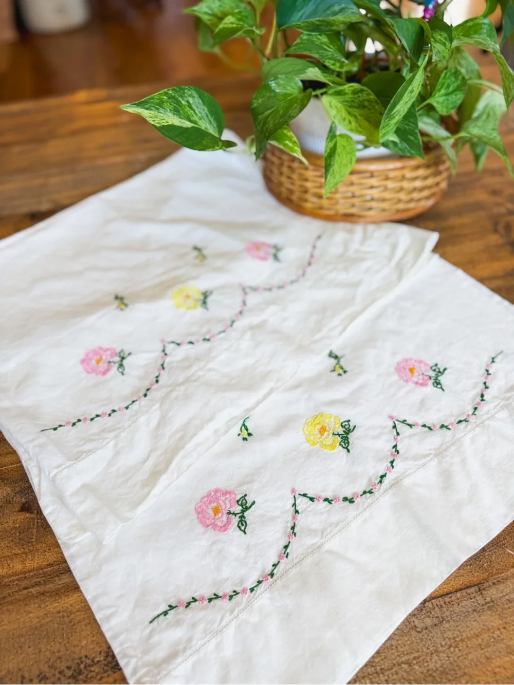 Hand Embroidered Floral Pillowcase Set with Pink and Yellow Blooms